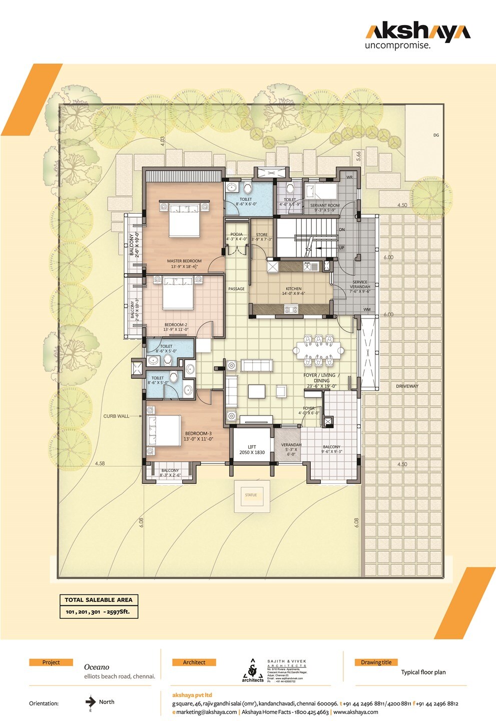 Floor plan of 3 BHK 2597 Sq. Ft. Apartment in Akshaya Homes Oceano, Chennai