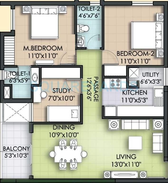 Floor plan of 2 BHK 1158 Sq. Ft. Apartment in Akshaya Homes Republic, Chennai