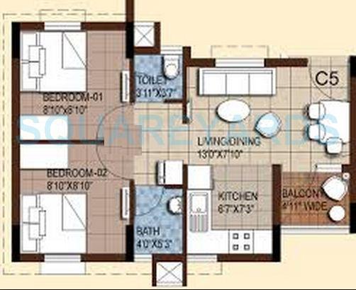 Floor plan of 2 BHK 1196 Sq. Ft. Apartment in Akshaya Homes Tango, Chennai