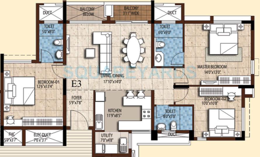 Floor plan of 3 BHK 1573 Sq. Ft. Apartment in Akshaya Homes Tango, Chennai