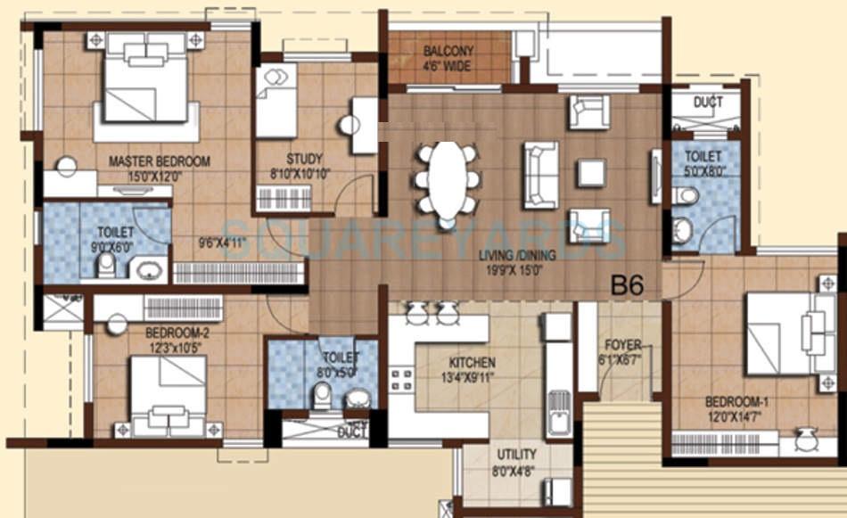 Floor plan of 3 BHK 1918 Sq. Ft. Apartment in Akshaya Homes Tango, Chennai