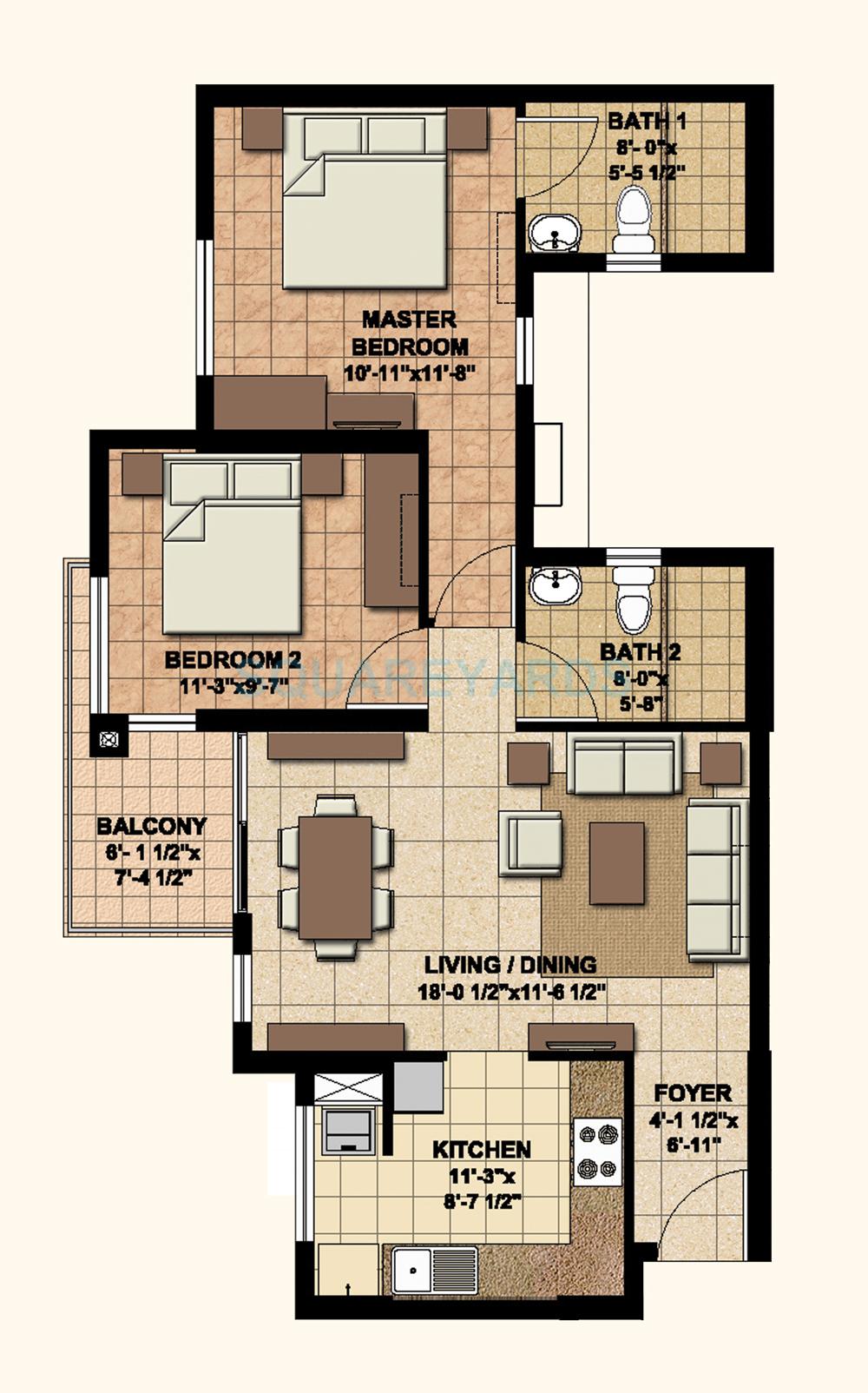 Floor plan of 2 BHK 1060 Sq. Ft. Apartment in Akshaya Homes Today, Chennai