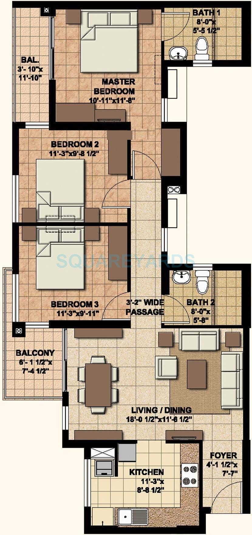 Floor plan of 3 BHK 1360 Sq. Ft. Apartment in Akshaya Homes Today, Chennai