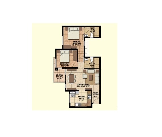 Floor plan of 2 BHK 1050 Sq. Ft. Apartment in Akshaya Orlando, Chennai