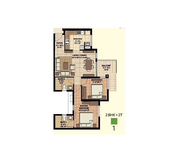 Floor plan of 2 BHK 994 Sq. Ft. Apartment in Akshaya Orlando, Chennai