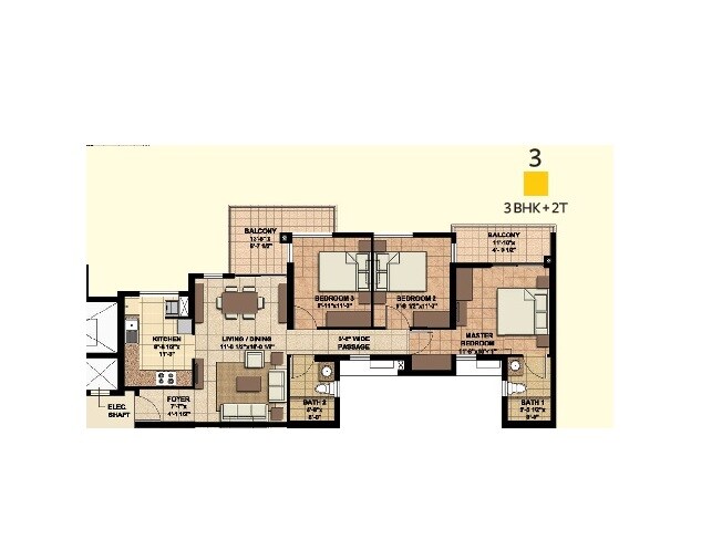 Floor plan of 3 BHK 1262 Sq. Ft. Apartment in Akshaya Orlando, Chennai
