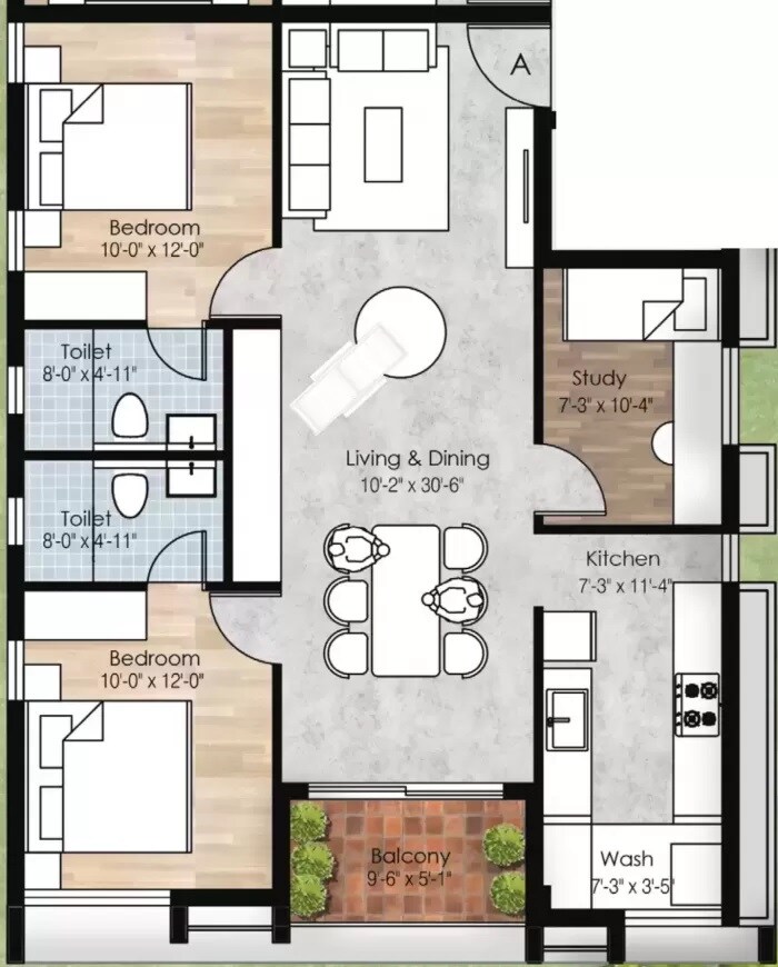 Floor plan of 2 BHK 1170 Sq. Ft. Apartment in Akshaya Shirdi, Chennai