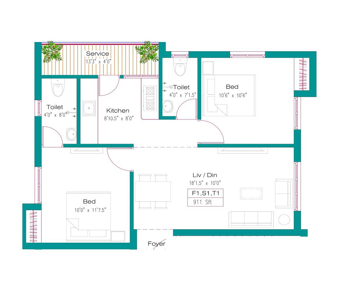 Floor plan of 2 BHK 911 Sq. Ft. Apartment in Southland Alankar Fortuna, Chennai