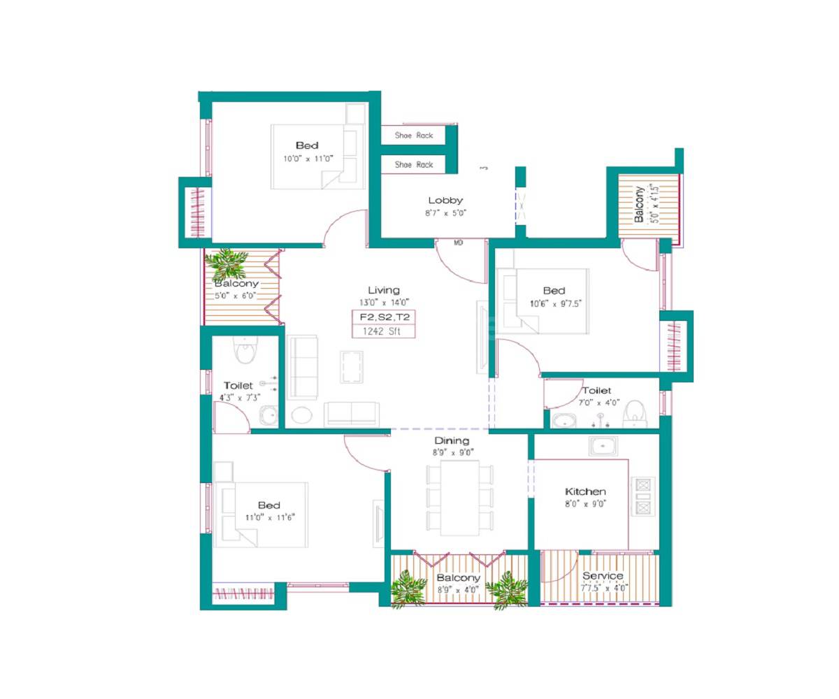 Floor plan of 3 BHK 1242 Sq. Ft. Apartment in Southland Alankar Fortuna, Chennai