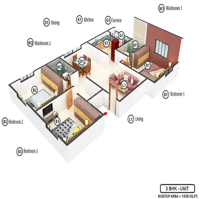 Floor plan of 3 BHK 1038 Sq. Ft. Apartment in Southland Alankar Garnet, Chennai