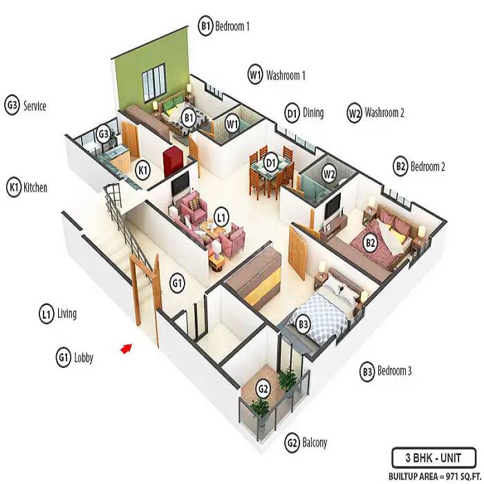 Floor plan of 3 BHK 971 Sq. Ft. Apartment in Southland Alankar Garnet, Chennai