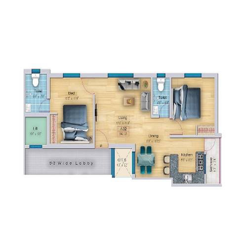 Floor plan of 2 BHK 1110 Sq. Ft. Apartment in Southland Alankar Imperial, Chennai