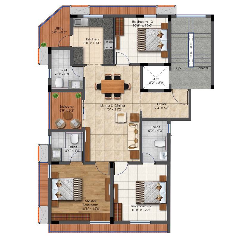 Floor plan of 3 BHK 1436 Sq. Ft. Apartment in ALDA Amogh, Chennai
