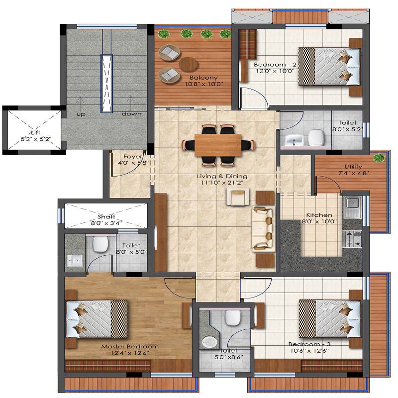 Floor plan of 3 BHK 1488 Sq. Ft. Apartment in ALDA Amogh, Chennai