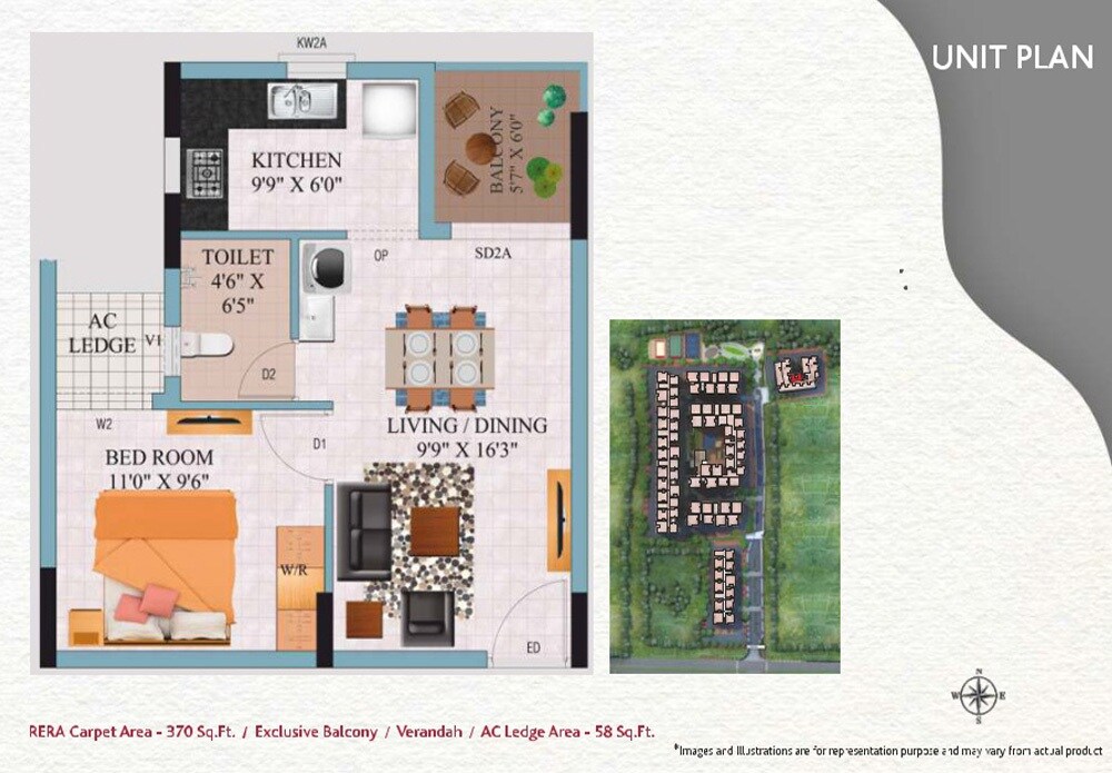 Floor plan of 1 BHK 618 Sq. Ft. Apartment in Alliance Galleria Residences, Chennai