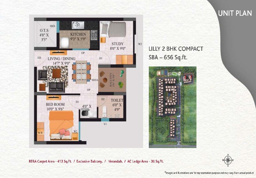 Floor plan of 2 BHK 656 Sq. Ft. Apartment in Alliance Galleria Residences, Chennai