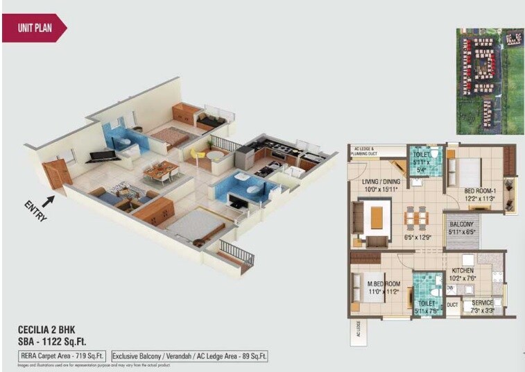 Floor plan of 2 BHK 1122 Sq. Ft. Apartment in Alliance Galleria Residences, Chennai