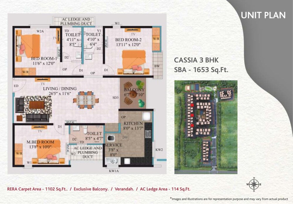Floor plan of 3 BHK 1653 Sq. Ft. Apartment in Alliance Galleria Residences, Chennai