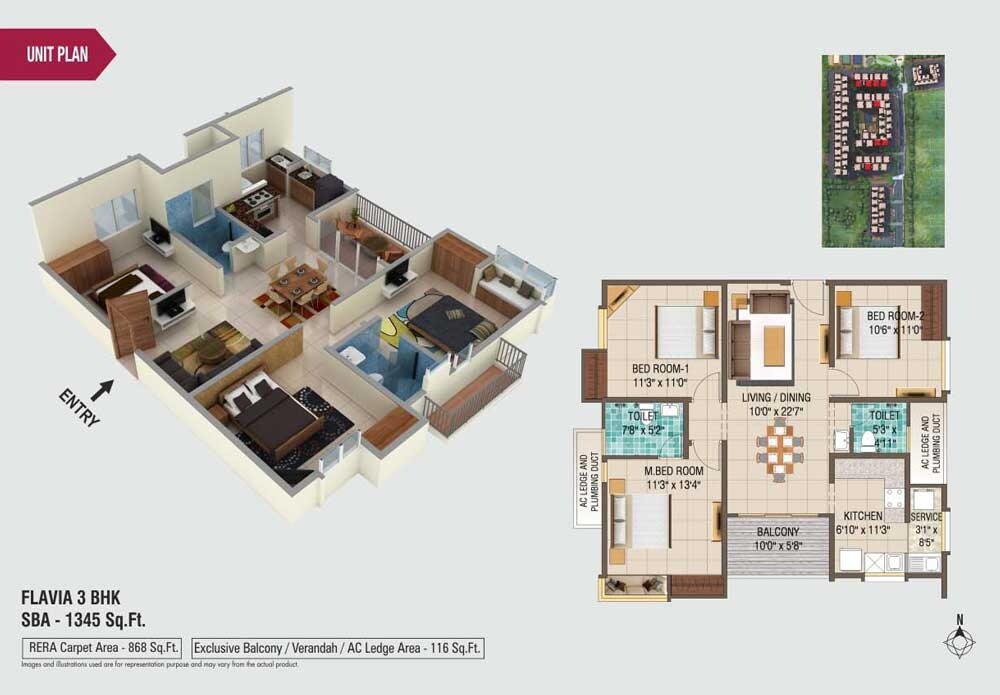 Floor plan of 3 BHK 1345 Sq. Ft. Apartment in Alliance Galleria Residences, Chennai