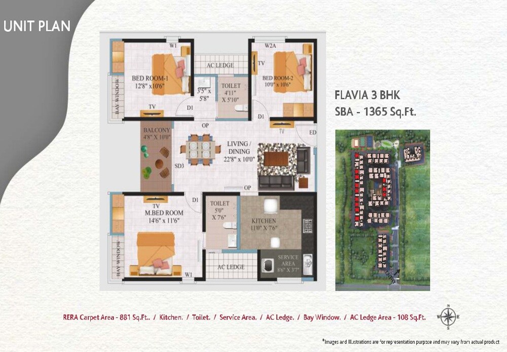 Floor plan of 3 BHK 1365 Sq. Ft. Apartment in Alliance Galleria Residences, Chennai