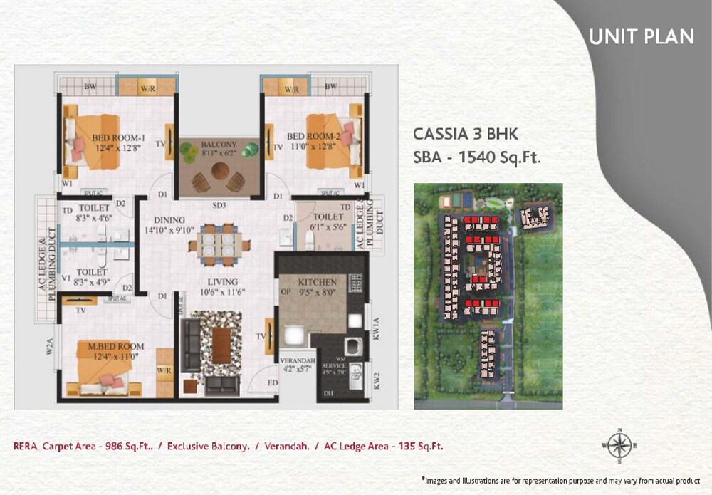 Floor plan of 3 BHK 1540 Sq. Ft. Apartment in Alliance Galleria Residences, Chennai
