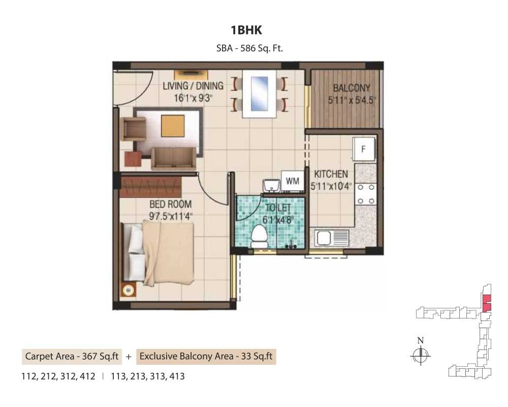 Floor plan of 1 BHK 367 Sq. Ft. Apartment in Alliance Garden Front Apartments, Chennai