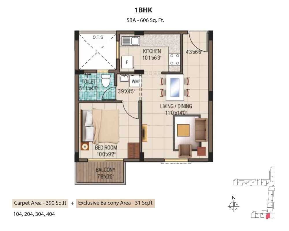 Floor plan of 1 BHK 390 Sq. Ft. Apartment in Alliance Garden Front Apartments, Chennai