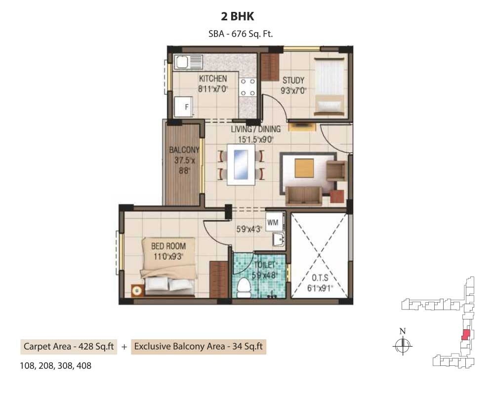 Floor plan of 2 BHK 428 Sq. Ft. Apartment in Alliance Garden Front Apartments, Chennai