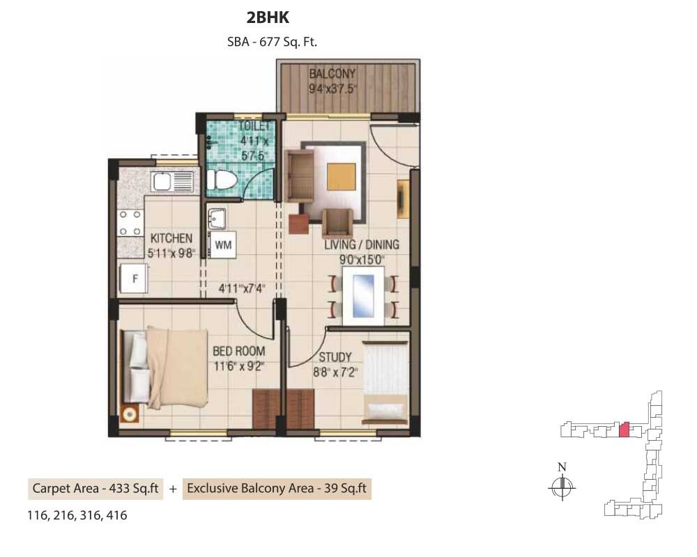 Floor plan of 2 BHK 434 Sq. Ft. Apartment in Alliance Garden Front Apartments, Chennai