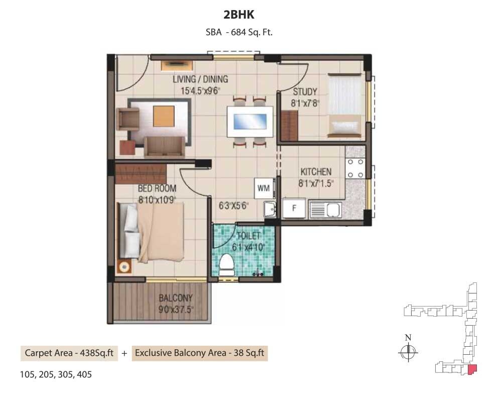 Floor plan of 2 BHK 435 Sq. Ft. Apartment in Alliance Garden Front Apartments, Chennai