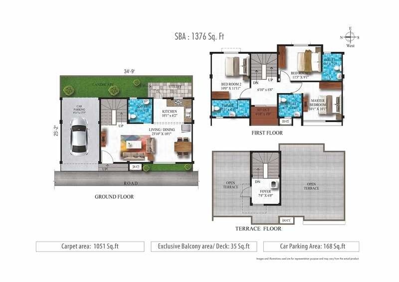 Floor plan of 3 BHK 1051 Sq. Ft. Villa in Alliance Humming Gardens, Chennai