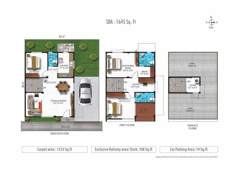 Floor plan of 3 BHK 1333 Sq. Ft. Villa in Alliance Humming Gardens, Chennai