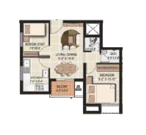 Floor plan of 1 BHK 692 Sq. Ft. Apartment in Alliance Orchid Springs, Chennai