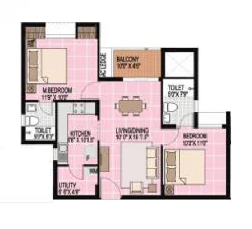 Floor plan of 2 BHK 1029 Sq. Ft. Apartment in Alliance Orchid Springs, Chennai