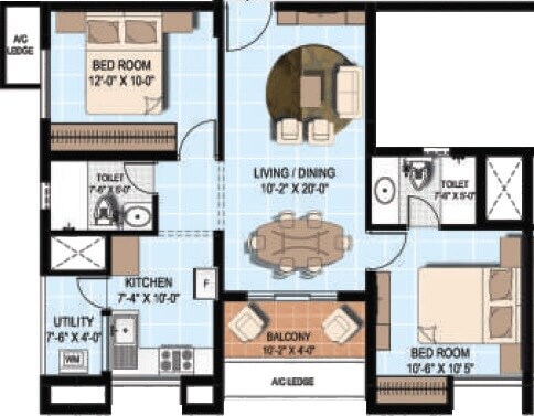 Floor plan of 2 BHK 1091 Sq. Ft. Apartment in Alliance Orchid Springs, Chennai
