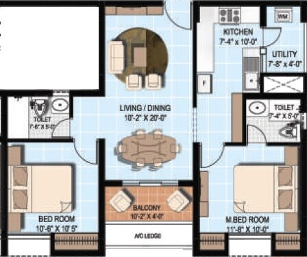 Floor plan of 2 BHK 1104 Sq. Ft. Apartment in Alliance Orchid Springs, Chennai