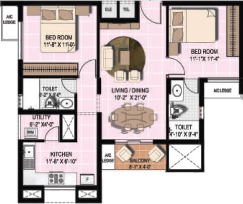 Floor plan of 2 BHK 1132 Sq. Ft. Apartment in Alliance Orchid Springs, Chennai
