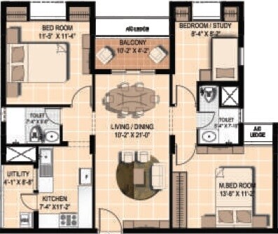 Floor plan of 2 BHK 1336 Sq. Ft. Apartment in Alliance Orchid Springs, Chennai