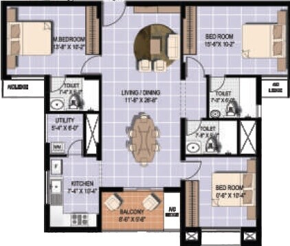 Floor plan of 3 BHK 1541 Sq. Ft. Apartment in Alliance Orchid Springs, Chennai