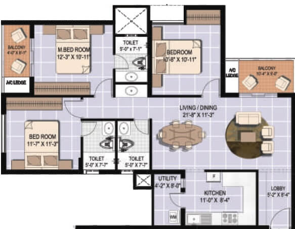 Floor plan of 3 BHK 1559 Sq. Ft. Apartment in Alliance Orchid Springs, Chennai