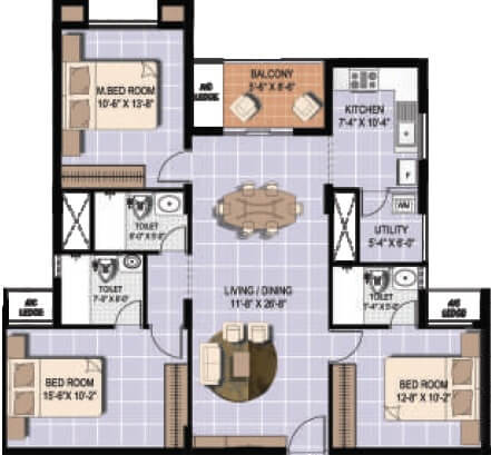 Floor plan of 3 BHK 1571 Sq. Ft. Apartment in Alliance Orchid Springs, Chennai