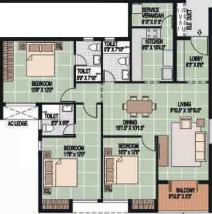 Floor plan of 3 BHK 1718 Sq. Ft. Apartment in Alliance Orchid Springs, Chennai