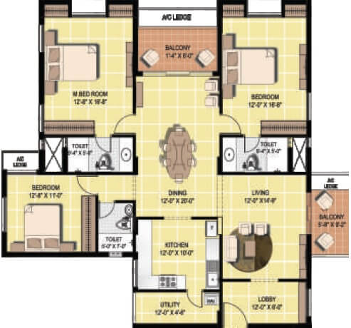 Floor plan of 3 BHK 2244 Sq. Ft. Apartment in Alliance Orchid Springs, Chennai
