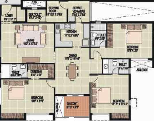Floor plan of 3 BHK 2392 Sq. Ft. Apartment in Alliance Orchid Springs, Chennai