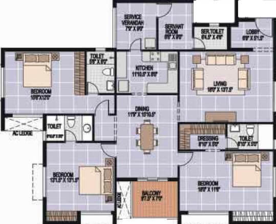 Floor plan of 3 BHK 2436 Sq. Ft. Apartment in Alliance Orchid Springs, Chennai