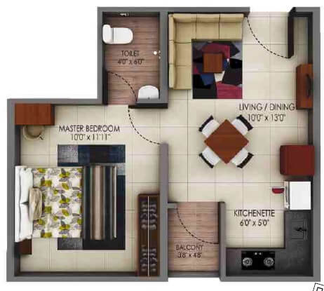 Floor plan of 1 BHK 311 Sq. Ft. Apartment in Alliance Urbanrise Codename Million Carats, Chennai
