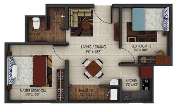 Floor plan of 2 BHK 390 Sq. Ft. Apartment in Alliance Urbanrise Codename Million Carats, Chennai