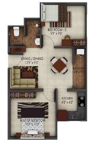 Floor plan of 2 BHK 398 Sq. Ft. Apartment in Alliance Urbanrise Codename Million Carats, Chennai