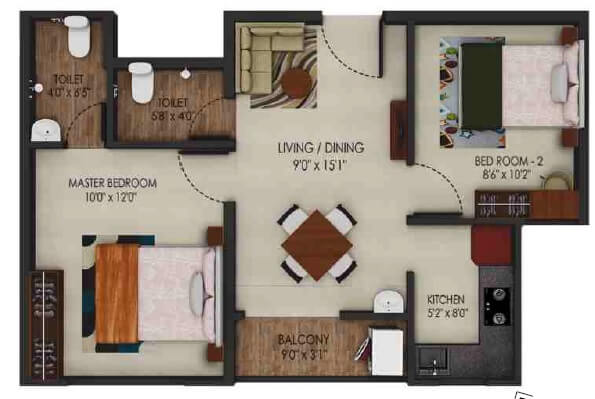 Floor plan of 2 BHK 450 Sq. Ft. Apartment in Alliance Urbanrise Codename Million Carats, Chennai