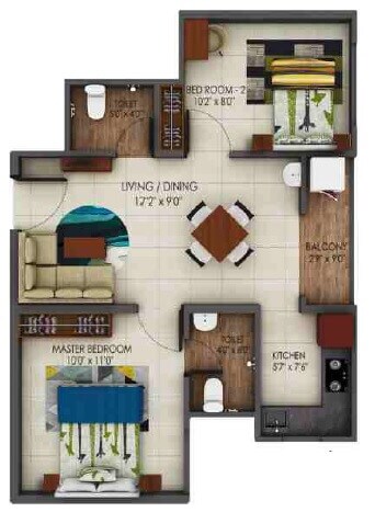 Floor plan of 2 BHK 456 Sq. Ft. Apartment in Alliance Urbanrise Codename Million Carats, Chennai